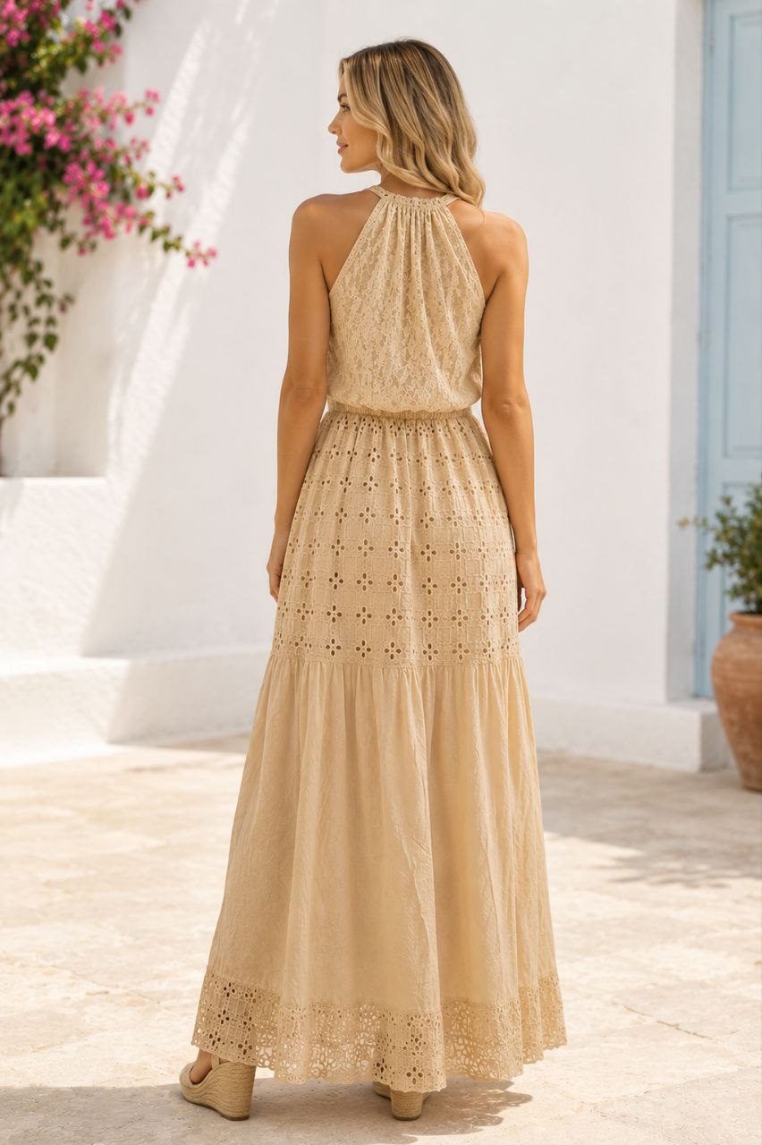 Isla Beige Boho Embroidered Maxi Dress NolaByBijusol