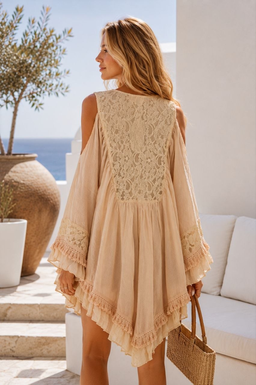 Aqua Lace Beige Boho Cotton Tunic Dress NolaByBijusol