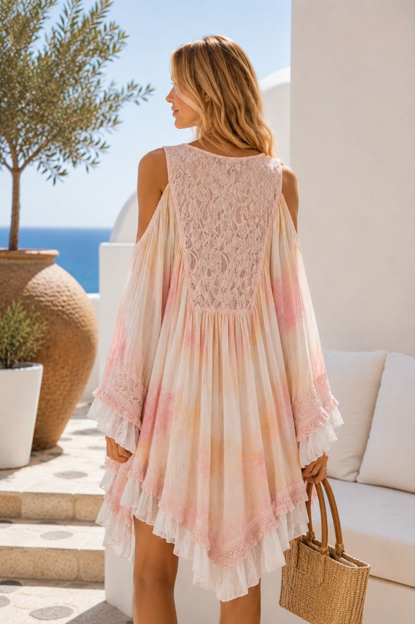Aqua Lace Pink Boho Cotton Tunic Dress