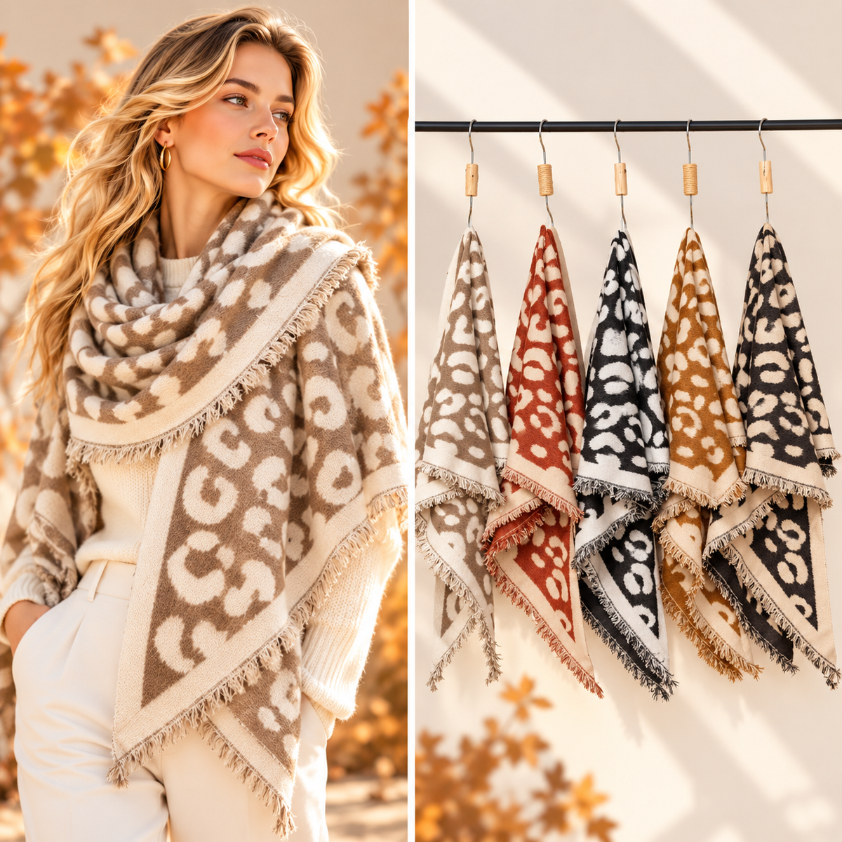 Triangular leopard print fringed scarf in assorted colours