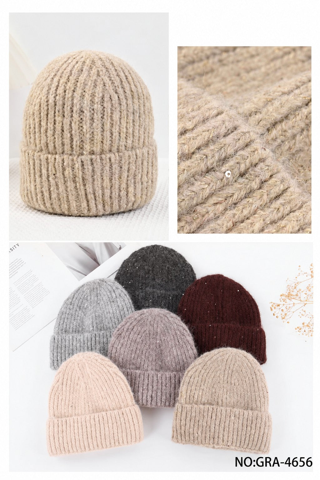 GRA-4656 women's winter knit beanie, detail and assorted colours