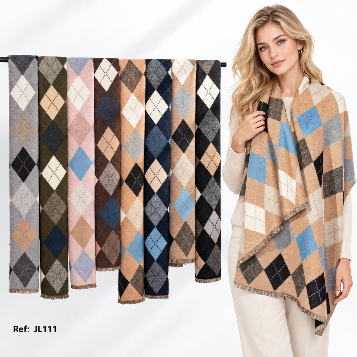 Argyle diamond long scarf JL111 in assorted colours, with a model wearing the camel colourway