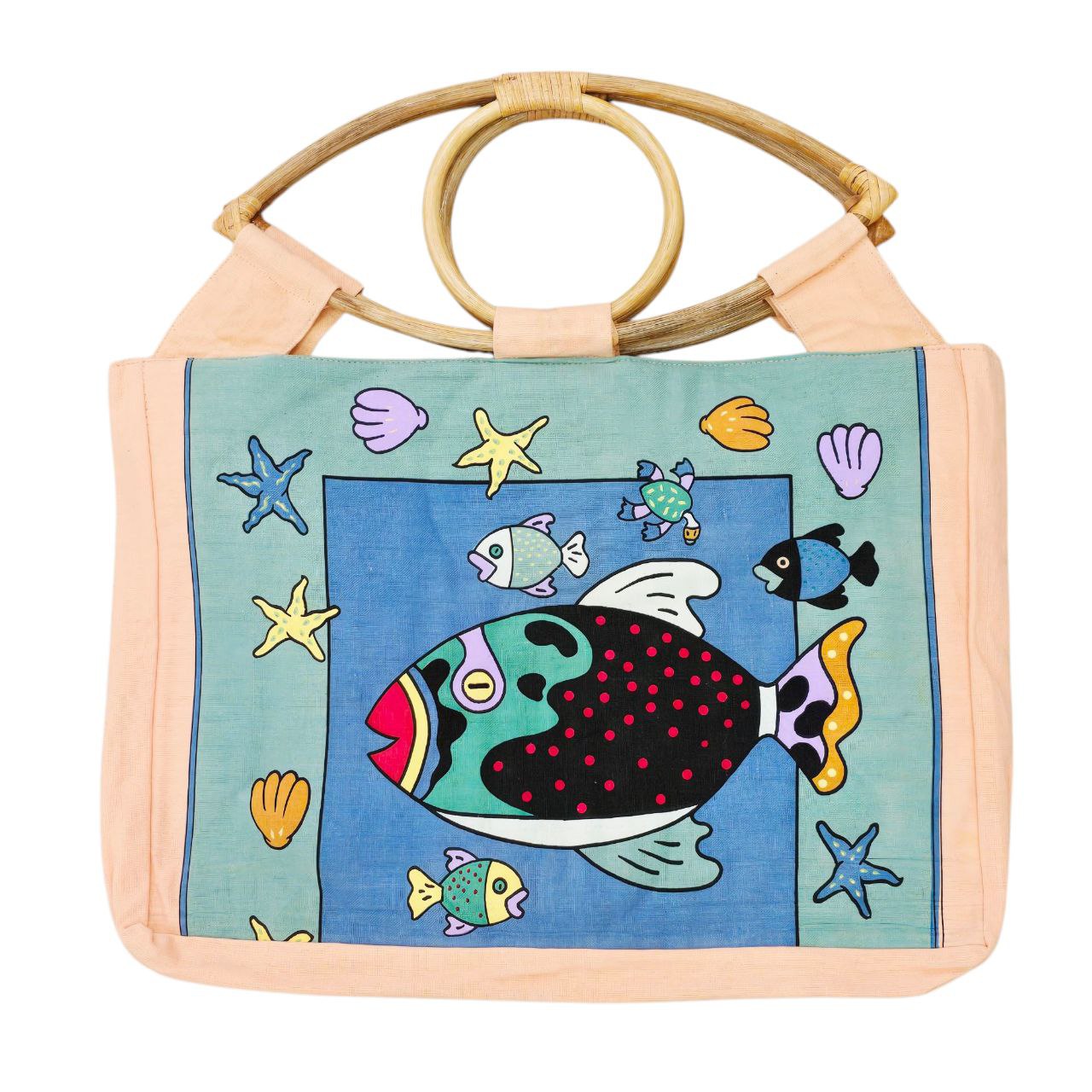 Nola Cotton Beach Bag with Wooden Handles – Tropical Fish Print Nola by Bijusol