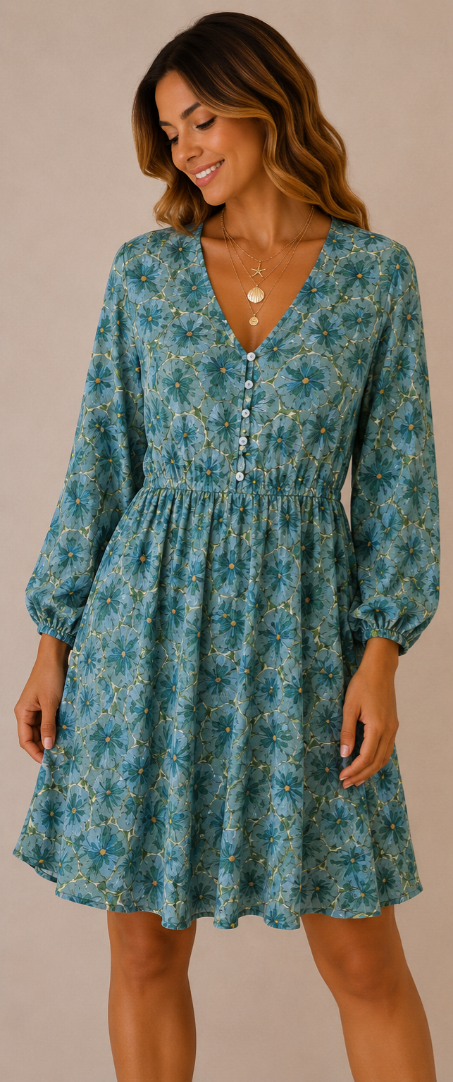 Viscose Short Dress with Buttons & Elastic Waist 170505 NolaByBijusol