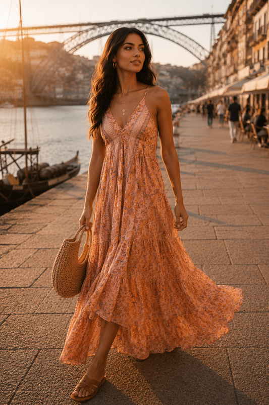 Sofia Moreira wearing Nola Monica Silk Dress, luxury boho silk dress, Porto Portugal, Mediterranean summer fashion.
