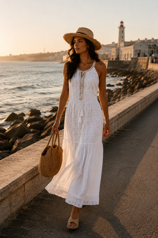 Sofia Moreira wearing a flowing boho chic dress in Porto, showcasing timeless Mediterranean fashion and effortless elegance.