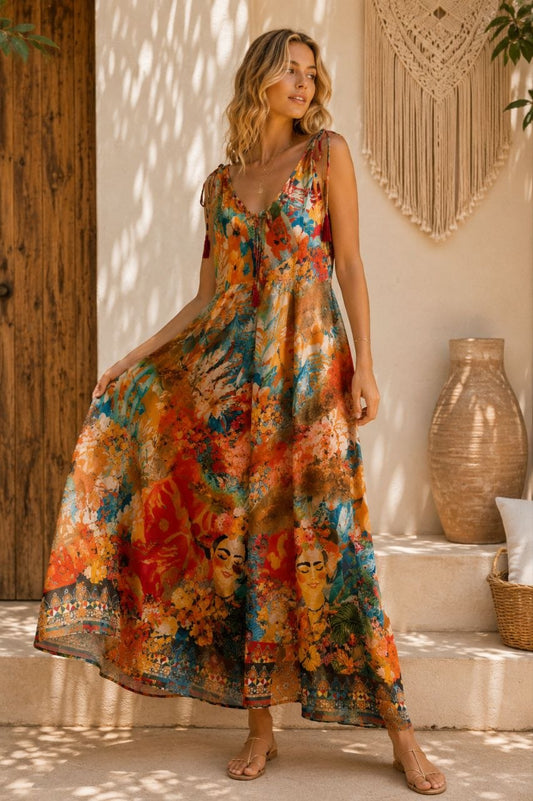 Frida Kahlo Inspired Boho Silk Maxi Dress 22-4014 NolaByBijusol