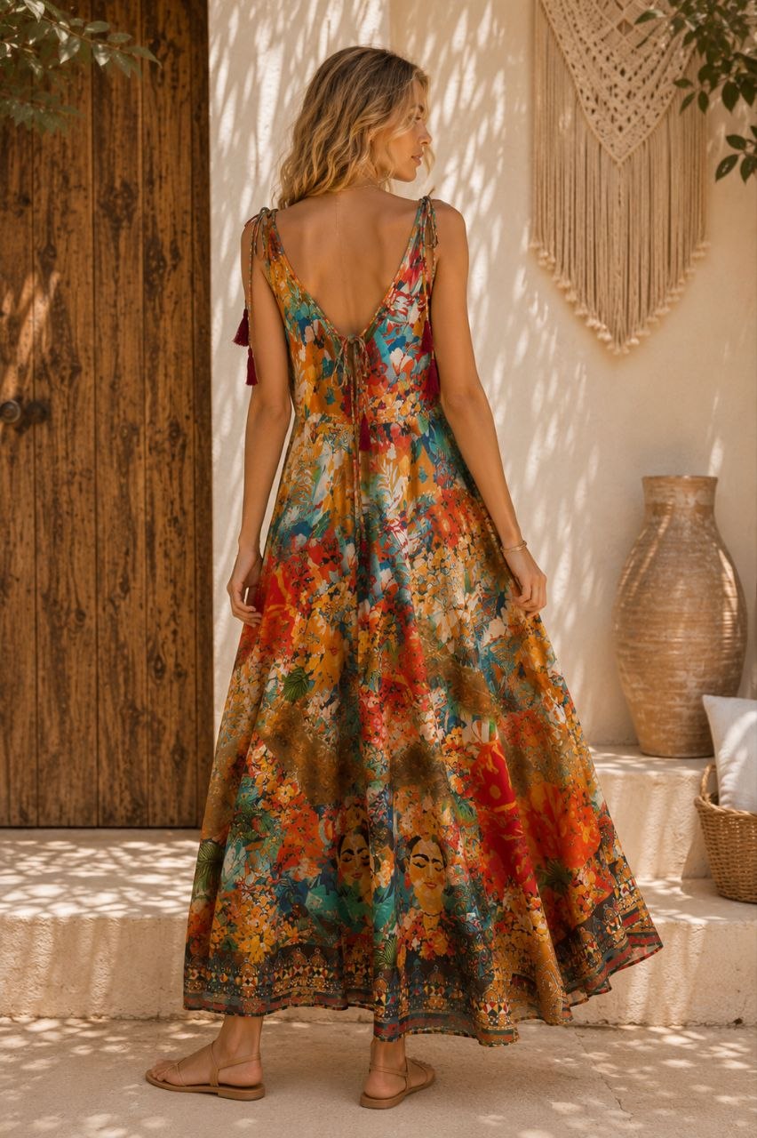 Frida Kahlo Inspired Boho Silk Maxi Dress 22-4014 NolaByBijusol