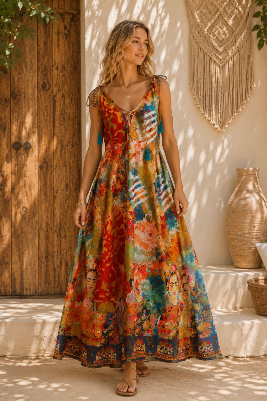Frida Kahlo Inspired Boho Silk Maxi Dress 22-4014 NolaByBijusol
