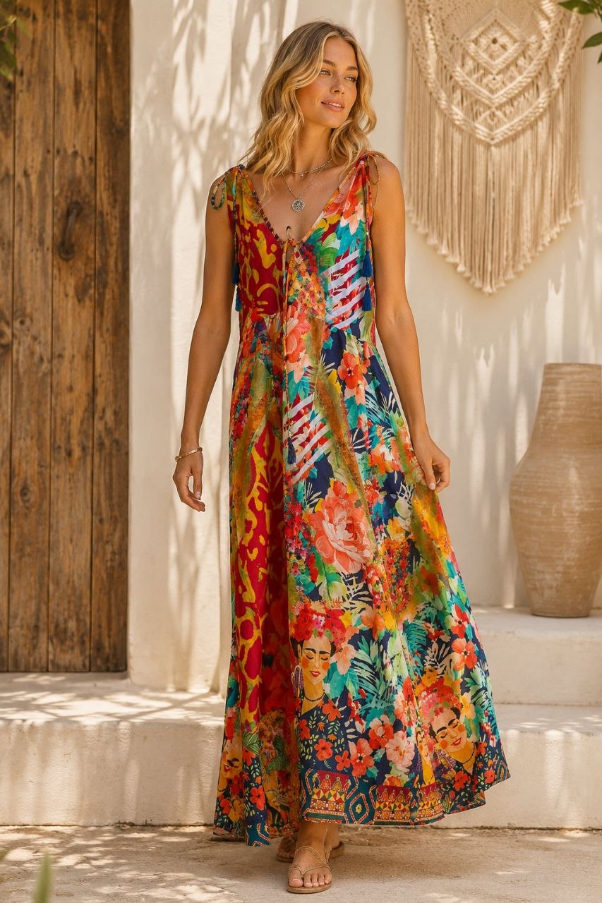 Frida Kahlo Inspired Boho Silk Maxi Dress 22-4014 NolaByBijusol