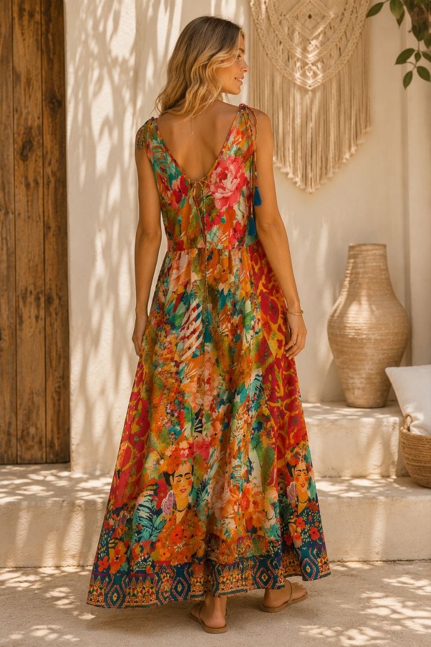 Frida Kahlo Inspired Boho Silk Maxi Dress 22-4014 NolaByBijusol