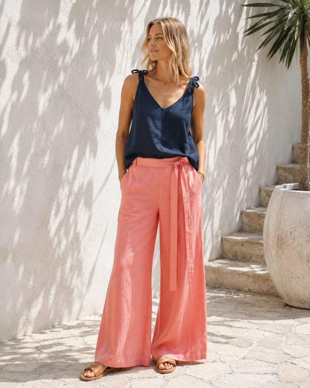 Linen Wide-Leg Trousers with Matching Belt 21692 NolaByBijusol