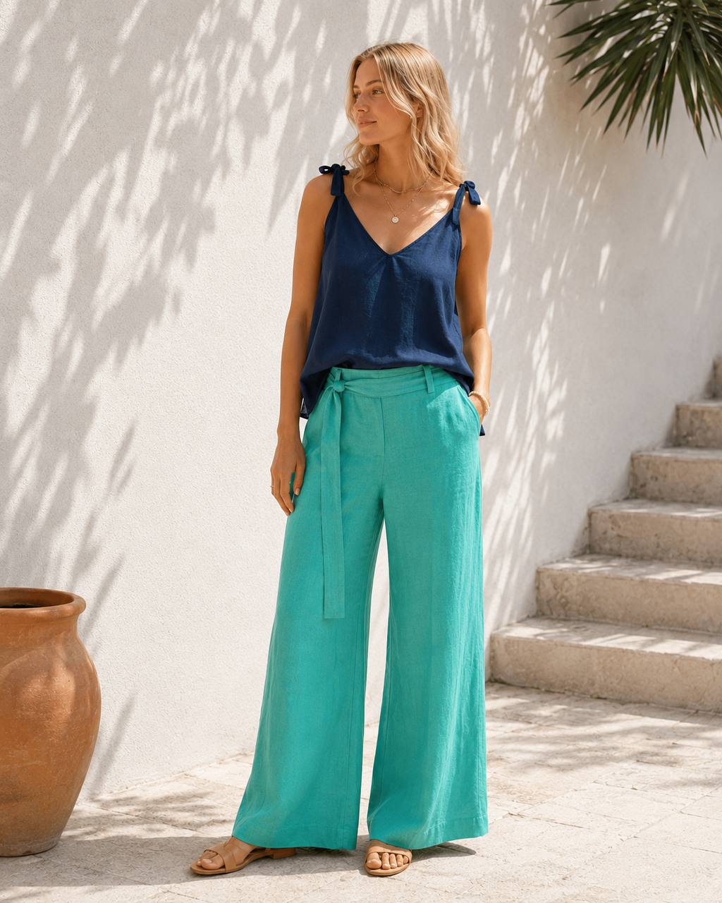 Linen Wide-Leg Trousers with Matching Belt 21692 NolaByBijusol