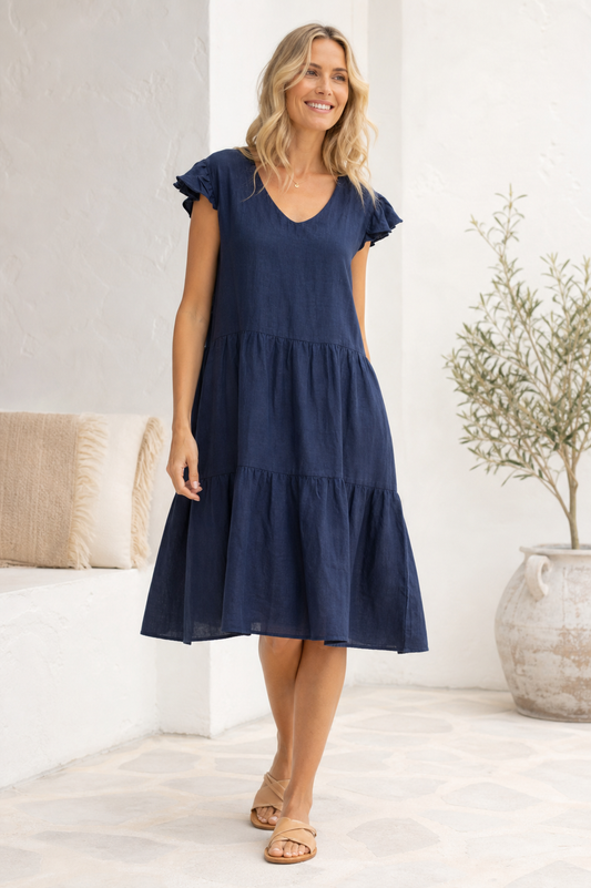 Nola 100% Linen Tiered Dress Made in India NolaByBijusol
