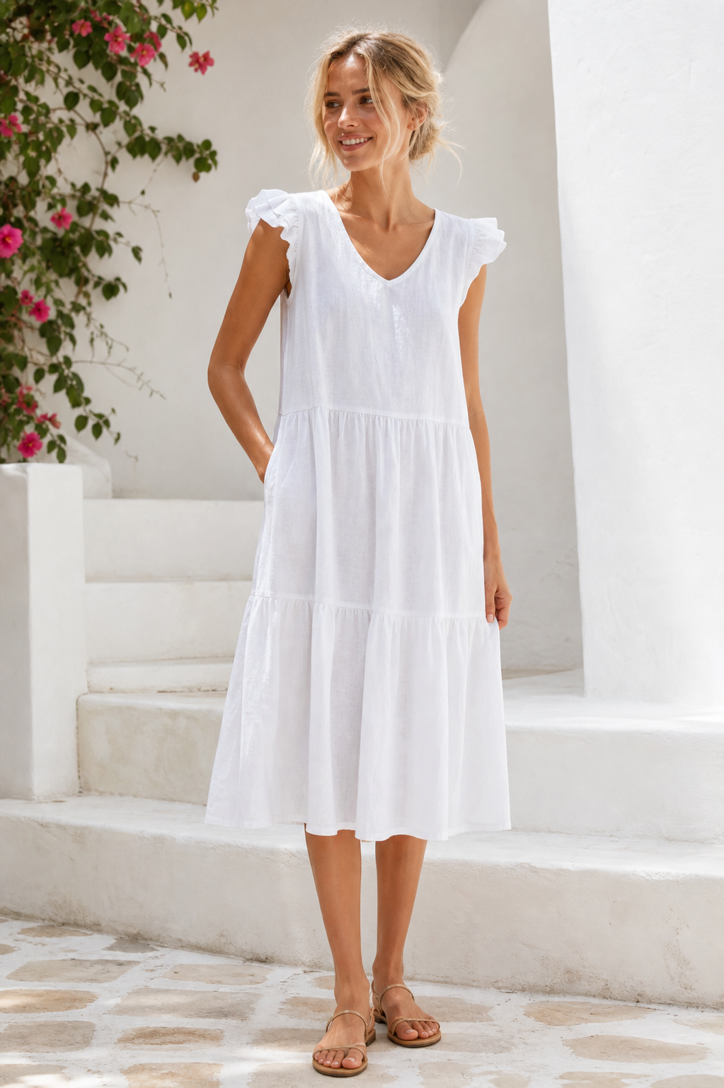 Nola 100% Linen Tiered Dress Made in India NolaByBijusol