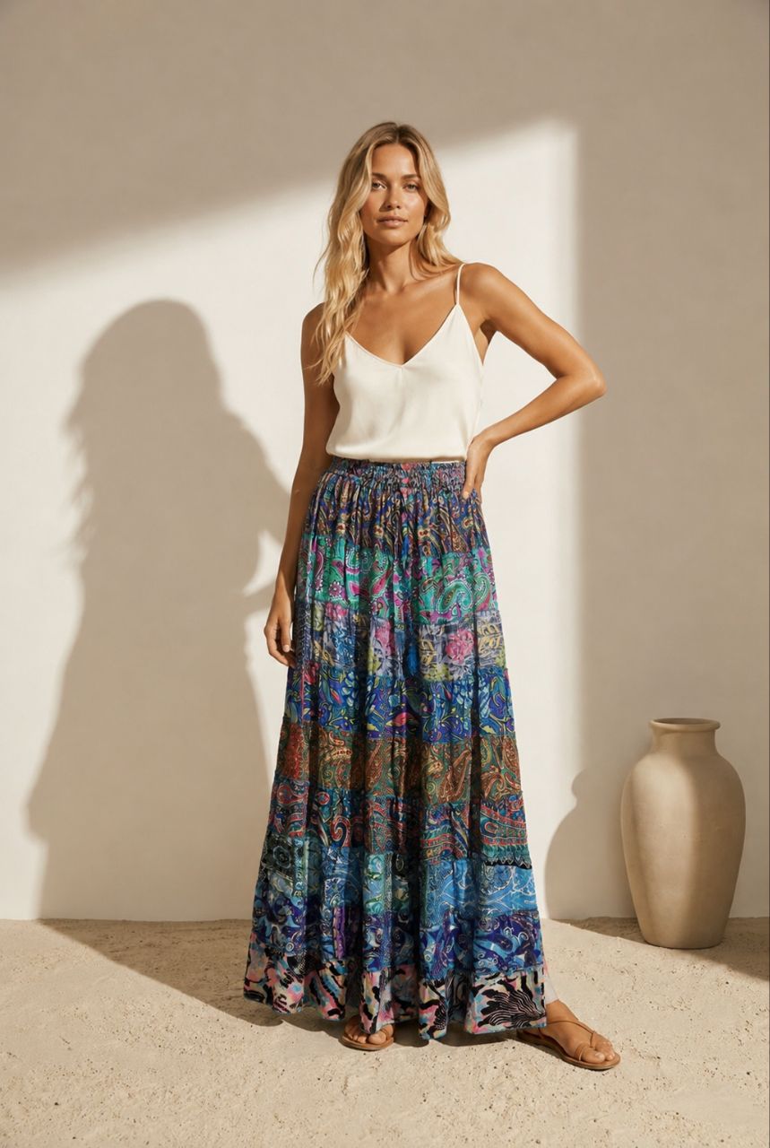 Nola Made in India – Patchwork Maxi Skirt  Silk NolaByBijusol
