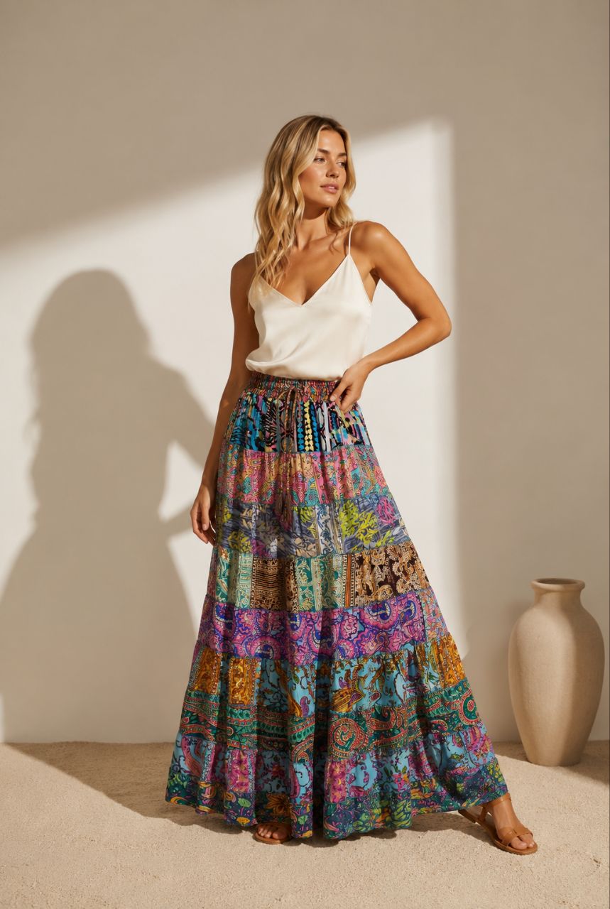 Nola Made in India – Patchwork Maxi Skirt  Silk NolaByBijusol