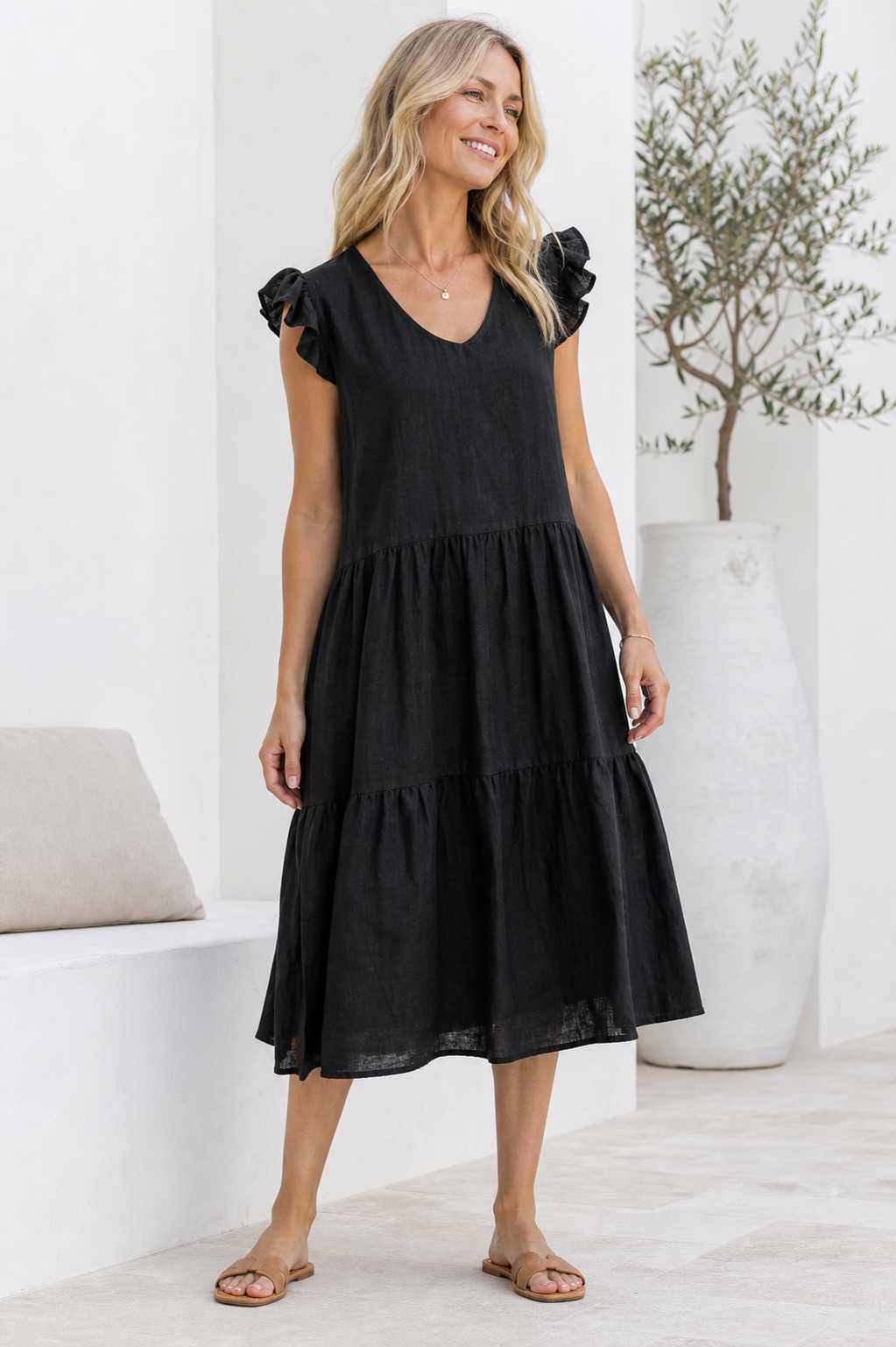 Nola 100% Linen Tiered Dress Made in India NolaByBijusol