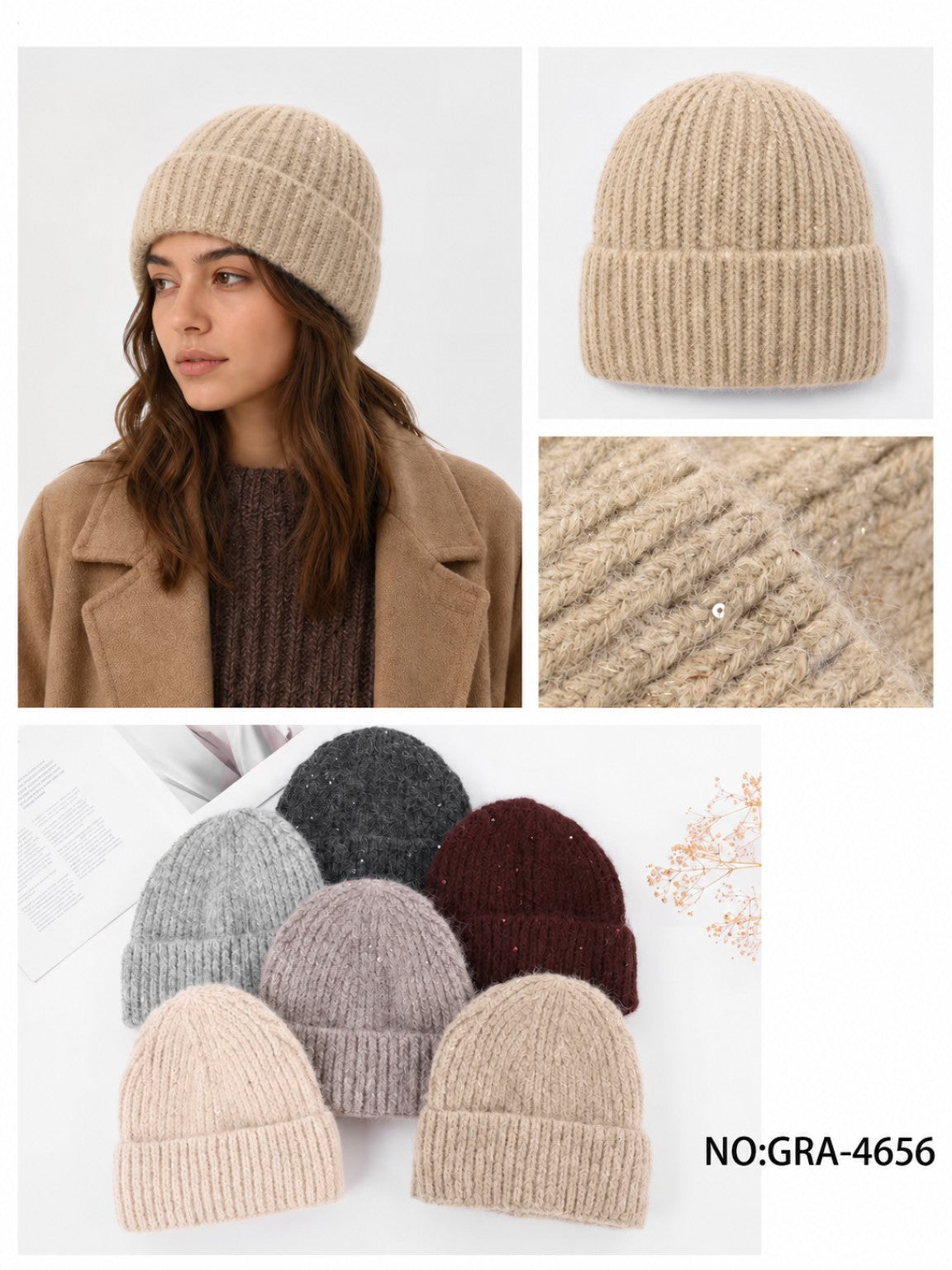 Women's ribbed knit beanie with subtle sequins GRA-4656, model and assorted colours