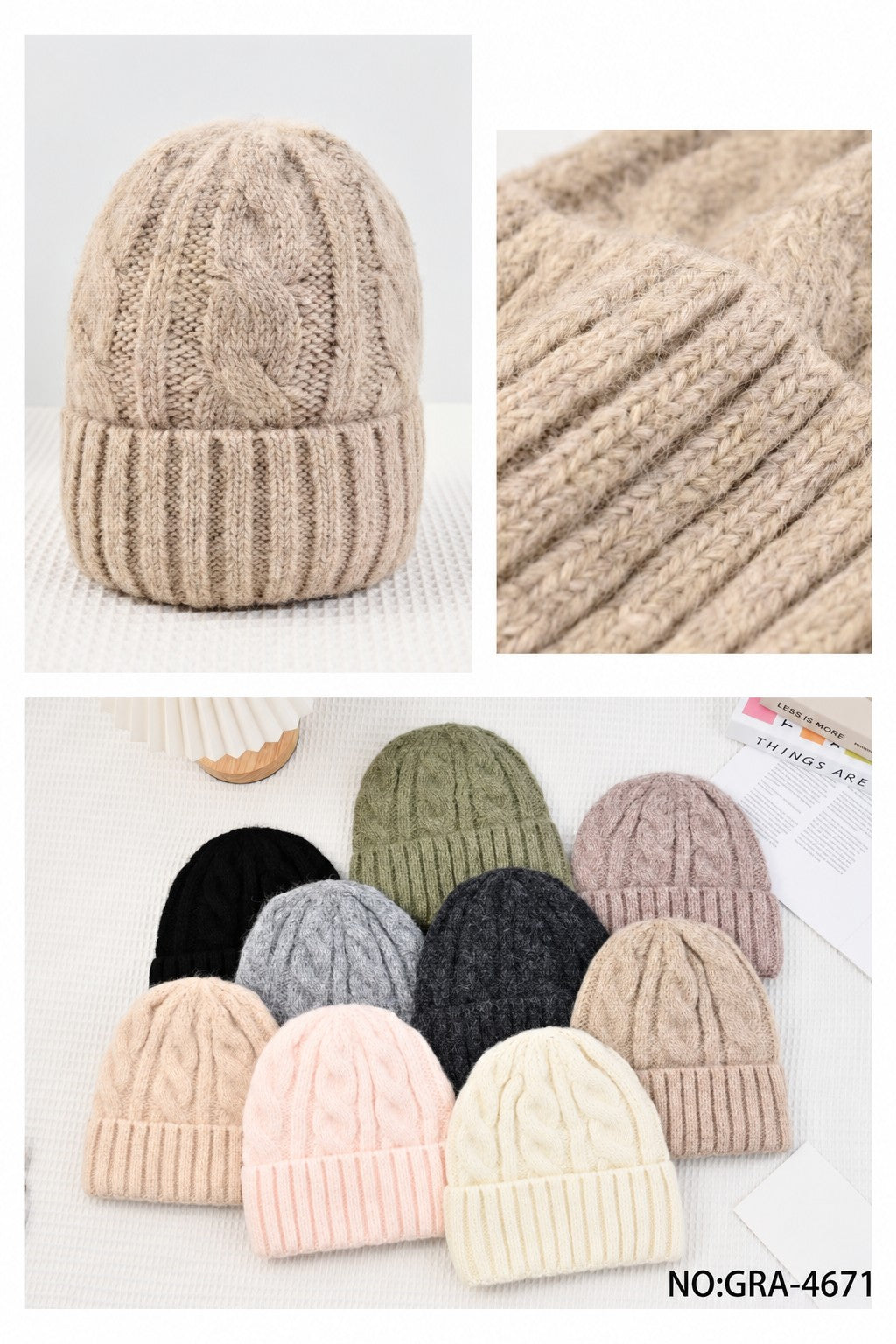 GRA-4671 women's winter knit beanie, detail and assorted colours