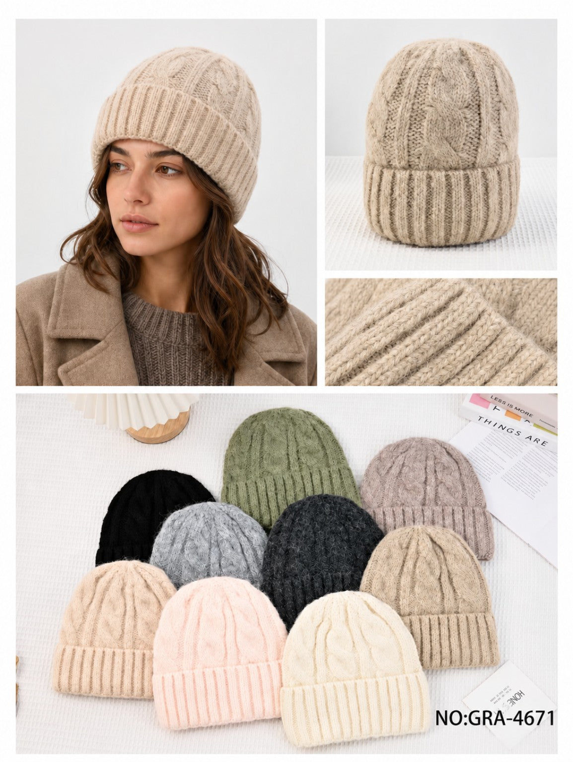 GRA-4671 women's winter knit beanie, model and assorted colours