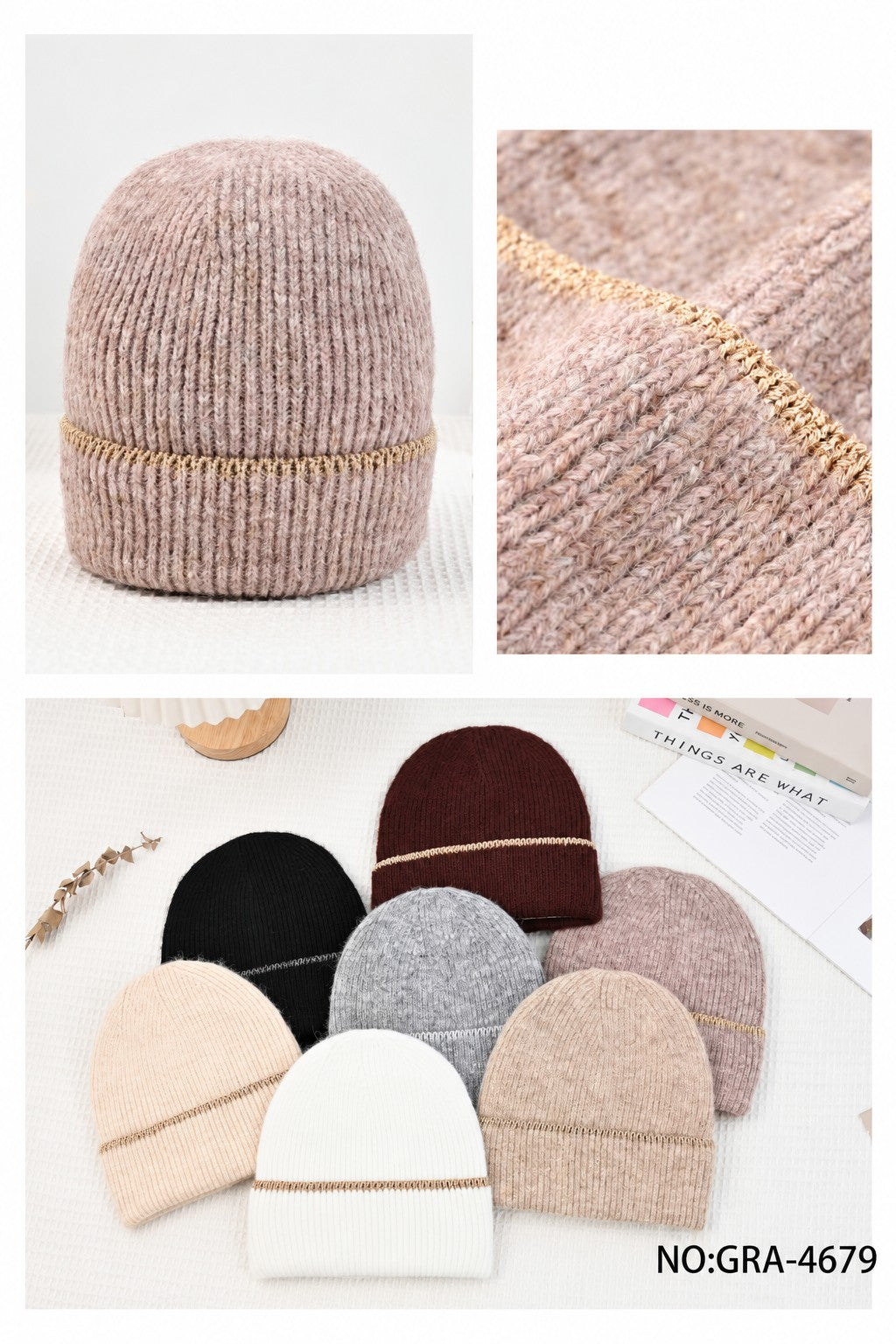 GRA-4679 women's winter knit beanie, detail and assorted colours