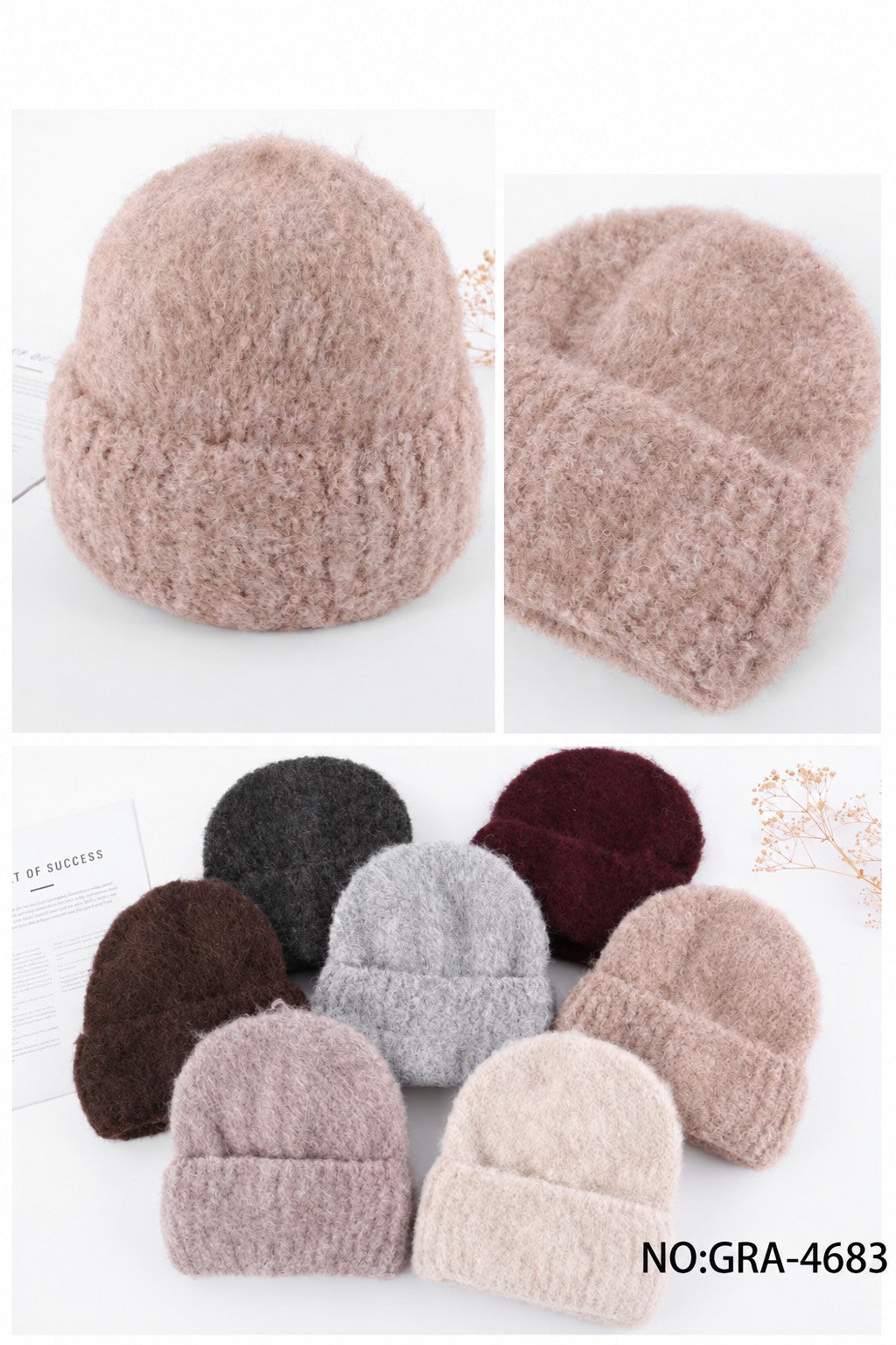GRA-4683 women's winter knit beanie, detail and assorted colours