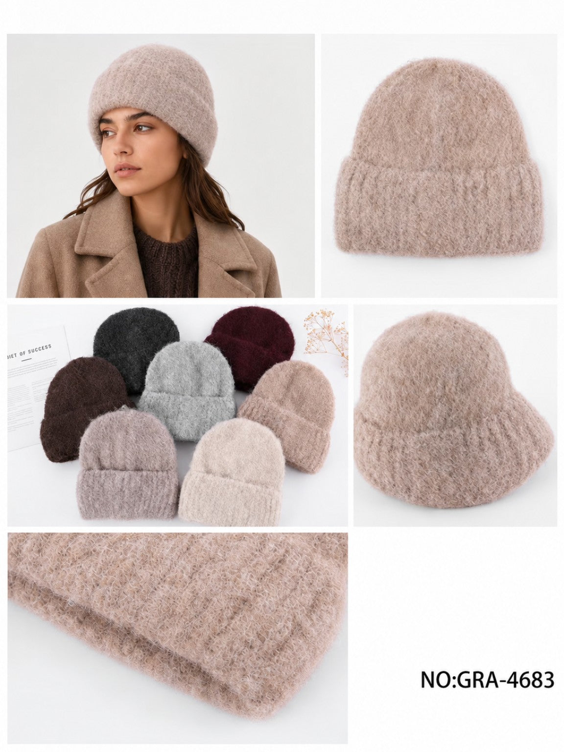 GRA-4683 women's winter knit beanie, model and assorted colours