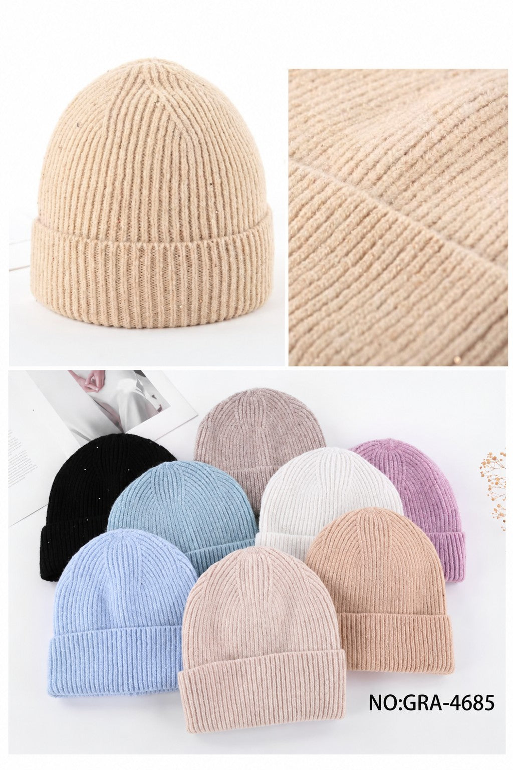 GRA-4685 women's winter knit beanie, detail and assorted colours