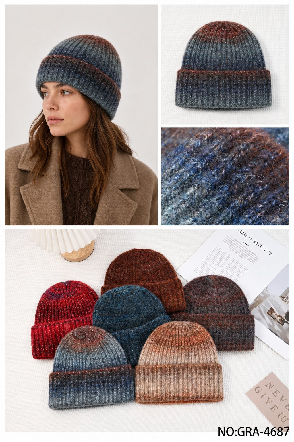 GRA-4687 women's winter knit beanie, model and assorted colours