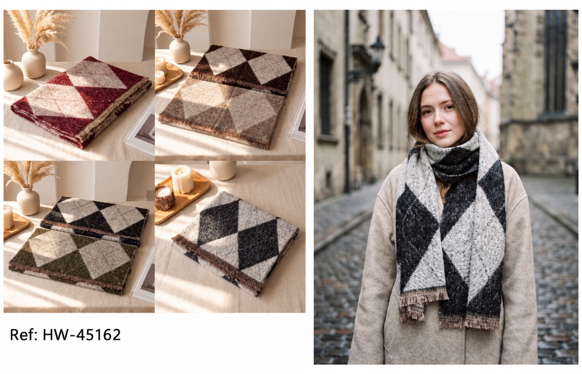 Cashmere-blend diamond long scarf HW-45162 in assorted colours, with a model wearing the grey and black scarf