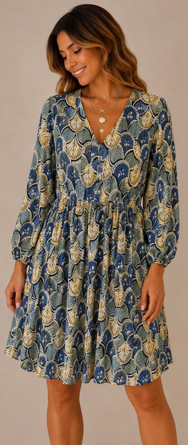 Viscose Short Dress with Buttons & Elastic Waist 170503 NolaByBijusol