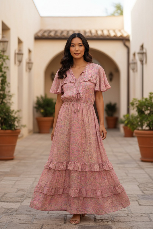 Aria Silk Boho Maxi Dress - Blush Pink NolaByBijusol