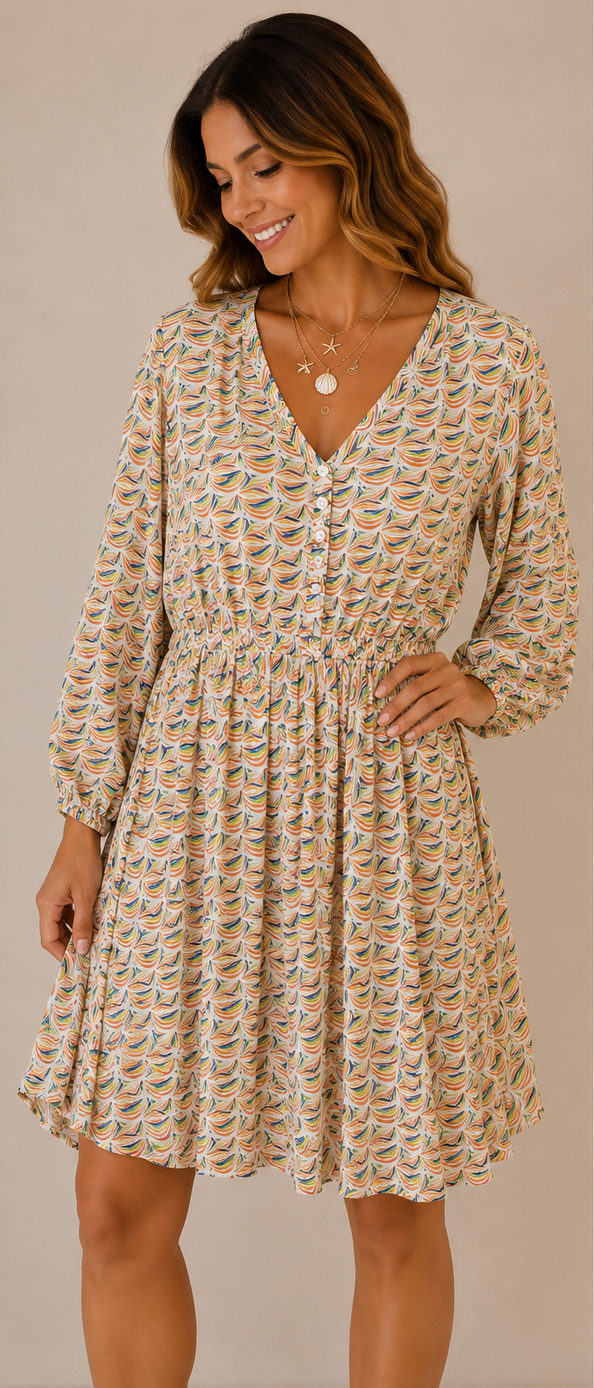 Viscose Short Dress with Buttons & Elastic Waist 170508 NolaByBijusol