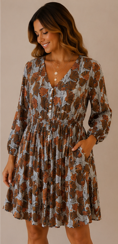 Viscose Short Dress with Buttons & Elastic Waist 170501 NolaByBijusol