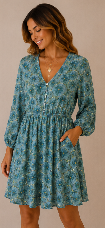 Viscose Short Dress with Buttons & Elastic Waist 170505 NolaByBijusol
