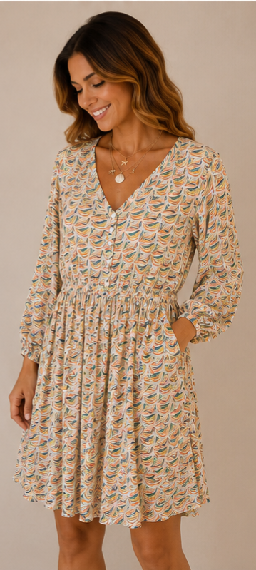 Viscose Short Dress with Buttons & Elastic Waist 170508 NolaByBijusol